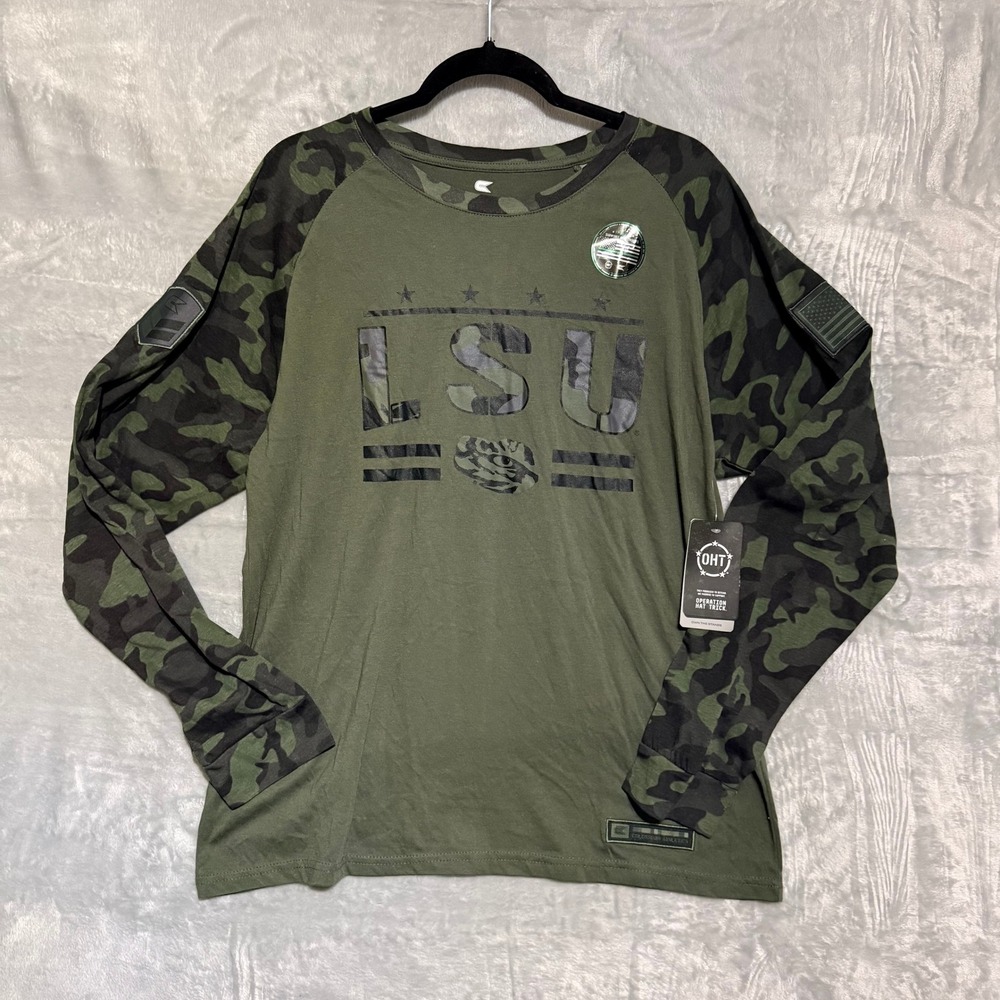 LSU Tigers Shirt Colosseum Mens XL Olive Green Camo Operation Hat Trick Salute